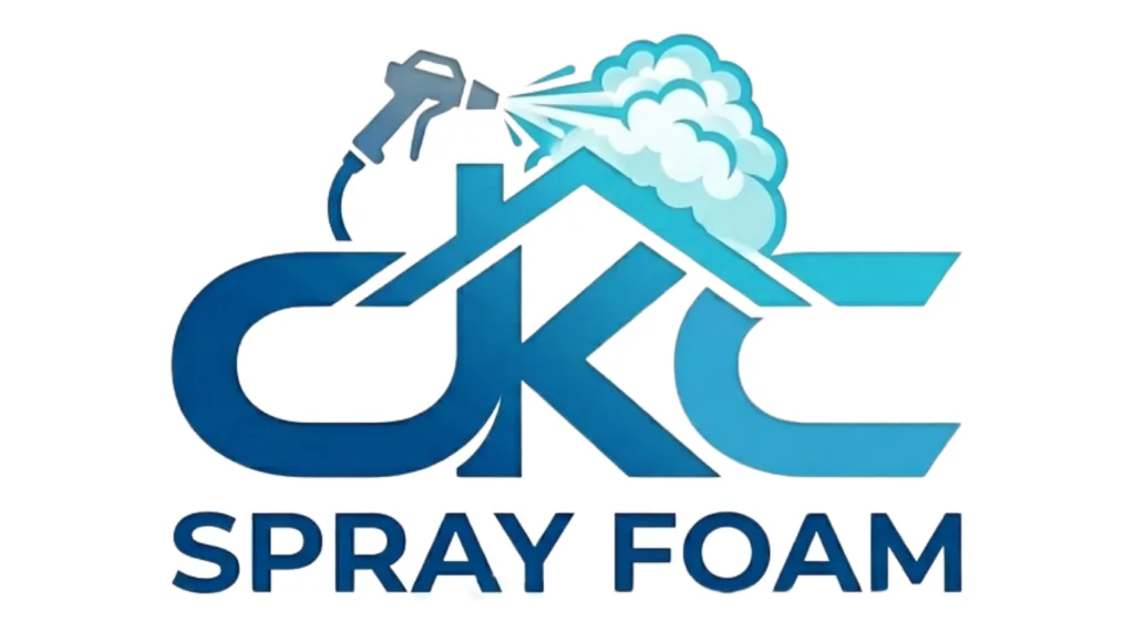 Logo with stylized letters OKC forming a house shape and a spray foam gun spraying foam above, with text "SPRAY FOAM" below