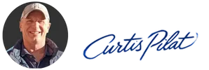 Portrait of a smiling man wearing a cap and jacket next to the blue cursive text Curtis Pilot